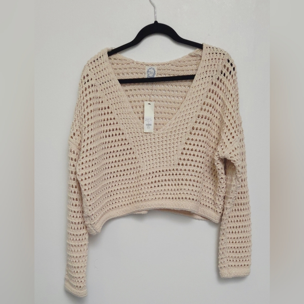 Blue Rain Sz S Boho Oversized Boxy Coastal Crochet Neutral Cropped Knit Sweater
